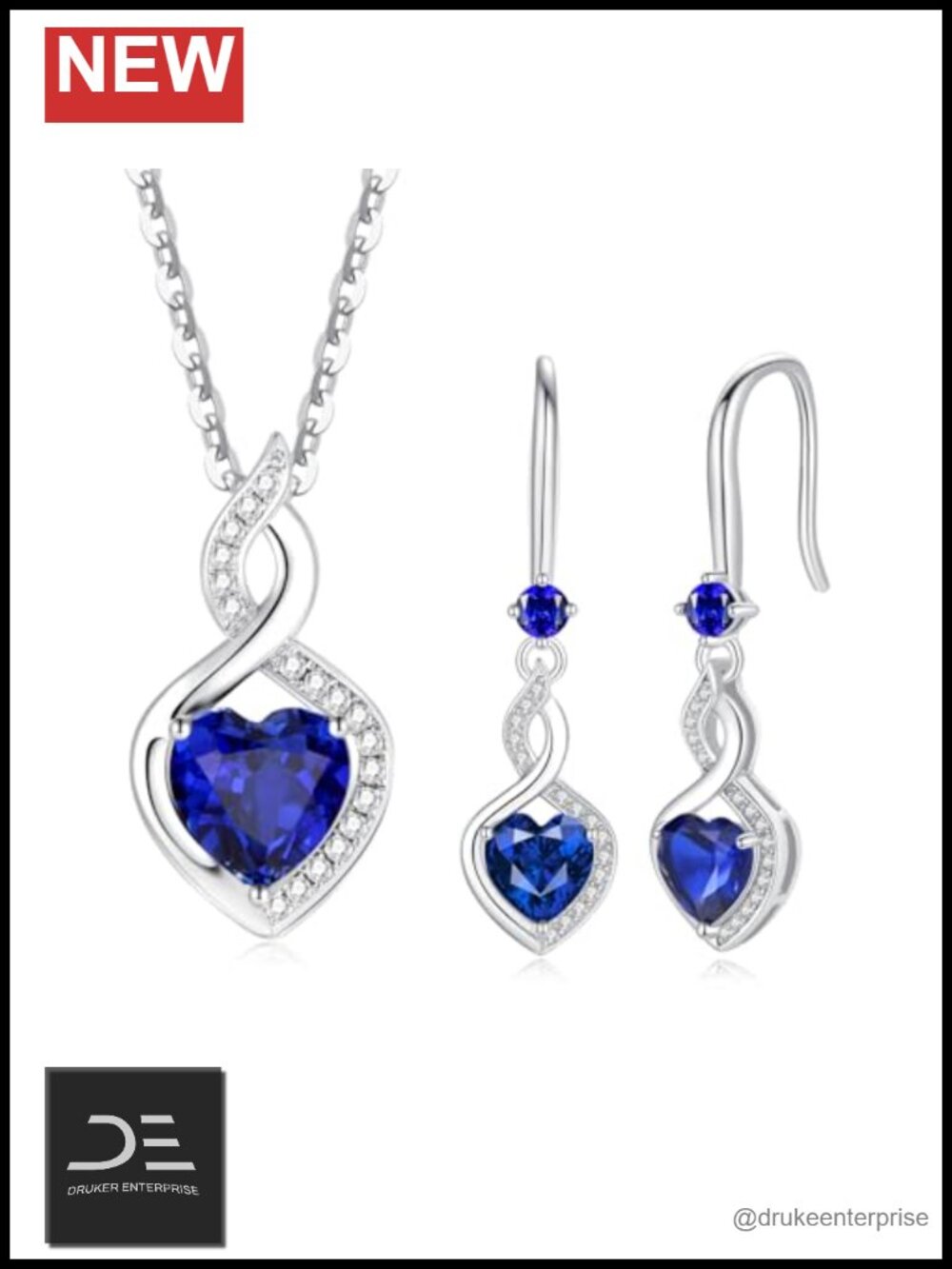 925 Sterling Silver Heart Sapphire Pendant Necklace with Earrings Set Fine